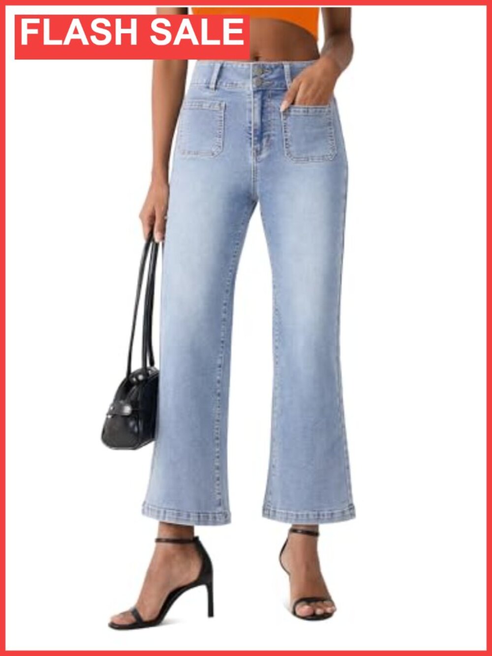 Women High Waisted Cropped Flare Jeans Wide Leg Denim Pants